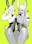  2girls absurdres animal_ears bare_arms bare_shoulders black_bow boku_no_hero_academia bow breast_press breasts cleavage clenched_teeth collarbone commentary_request dark-skinned_female dark_skin detached_collar fishnet_pantyhose fishnets gloves green_background highres koyap large_breasts leotard long_hair looking_at_viewer mirko multiple_girls pantyhose playboy_bunny rabbit_ears rabbit_tail red_eyes ryuukyuu sharp_teeth short_hair simple_background strapless strapless_leotard swept_bangs symmetrical_docking tail teeth tongue tongue_out very_long_hair white_gloves wrist_cuffs yellow_eyes 