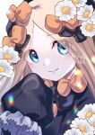  1girl abigail_williams_(fate) black_bow black_dress black_headwear blonde_hair blue_eyes blush bow breasts dress fate/grand_order fate_(series) flower forehead hair_bow hat long_hair long_sleeves looking_at_viewer orange_bow parted_bangs ribbed_dress ryofuhiko sleeves_past_fingers sleeves_past_wrists small_breasts solo 