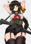  1girl ammunition_pouch armband arms_behind_back assault_rifle black_hair black_skirt black_thighhighs blonde_hair blush braid breasts eyepatch garter_straps girls&#039;_frontline gun gun_sling hands_up headphones headphones_around_neck heart highres long_braid long_hair looking_at_viewer m16 m16a1 m16a1_(girls&#039;_frontline) magazine_(weapon) mole mole_under_eye multicolored_hair neckerchief necktie orange_armband persocon93 pleated_skirt pouch red_necktie rifle scar scar_across_eye school_uniform seiza shirt sitting skirt smile solo streaked_hair thighhighs weapon white_shirt zoom_layer 