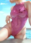  1girl absurdres blonde_hair cloud cloudy_sky commentary english_commentary highres klopsiak leotard navel one_piece outdoors pink_leotard pool short_hair signature sky solo vegapunk_lilith water 