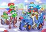  1girl 2boys absurdres androgynous ascot blonde_hair blue_hair bob_cut bodysuit boots cape crown earrings eyelashes full_body gloves green_hair highres jewelry male_focus mario_(series) mario_kart motor_vehicle multiple_boys oomasa_teikoku open_mouth personification prince prince_florian prince_haru princess_peach puffy_short_sleeves puffy_sleeves red_cape riding short_hair short_sleeves standing super_mario_bros.:_peach-hime_kyushutsu_dai_sakusen! super_mario_bros._wonder thigh_boots white_gloves worm yellow_eyes 