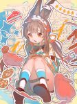  1girl animal animal_ears arknights black_shorts brown_hair cake cake_slice food hair_ribbon headdress holding holding_notepad holding_pen infection_monitor_(arknights) long_hair nishikikope notepad open_mouth orange_eyes pen rabbit rabbit_ears rabbit_girl ribbon shorts socks solo thigh_strap thighs warmy_(arknights) white_socks 