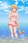  1girl absurdres blonde_hair breasts cloud collarbone commentary final_fantasy final_fantasy_ix green_eyes highres looking_at_viewer mikoto_(ff9) navel short_hair skirt smile solo swimsuit tail uichi_64 water 