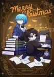  1boy 1girl 2023 absurdres angela_(project_moon) ascot black_ascot black_hair black_pants black_skirt blue_coat blue_hair book book_stack chibi closed_mouth coat collared_shirt grand_piano gredell_elle highres instrument latin_text library_of_ruina looking_at_viewer merry_christmas music pages pants parted_lips piano playing_instrument project_moon roland_(project_moon) shirt short_hair sitting skirt smile translated wariza white_shirt yellow_eyes 