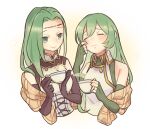  2girls annand_(fire_emblem) bare_shoulders brown_gloves circlet closed_mouth commentary_request cup double-parted_bangs erinys_(fire_emblem) fire_emblem fire_emblem:_genealogy_of_the_holy_war gloves green_eyes green_hair haconeri hair_between_eyes holding holding_cup long_hair multiple_girls siblings simple_background sisters smile steam teacup tears upper_body wavy_mouth white_background 