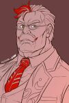  1boy bara brown_background crave_saga dated dress_shirt eschados_(crave_saga) facial_hair formal glasses highres jacket kazuo_tashishi looking_at_viewer male_focus monochrome multicolored_hair muscular muscular_male mustache necktie old old_man orange_eyes portrait red_hair red_necktie shirt spot_color thick_eyebrows two-tone_hair white_hair 