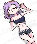  1girl absurdres amity_blight bare_legs breasts closed_eyes collarbone crop_top dolphin_shorts earrings highres jewelry lying medium_hair n_k_m navel on_back parted_lips purple_hair sharp_teeth short_shorts shorts sleeping solo stomach tassel tassel_earrings teeth the_owl_house 