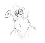 2022 ambiguous_gender anthro bugsnax clothing digital_media_(artwork) eyewear fangs glasses grumpus half-closed_eyes looking_at_viewer narrowed_eyes neck_tuft question_mark shaibey sharp_teeth simple_background sketch solo speech_bubble teeth topwear tuft white_background young_horses