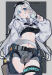  1girl animal_ears arknights aurora_(arknights) bear_ears bear_girl black_hairband black_shirt blue_eyes breasts covered_testicles cowboy_shot cropped_jacket cropped_shirt futanari grey_background grey_hair grey_jacket grey_shorts hairband highres jacket long_hair long_sleeves looking_at_viewer medium_breasts mirin_chikuwa navel open_mouth pants precum precum_through_clothes shirt shorts solo thigh_strap two-tone_background 