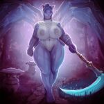 1:1 anthro big_breasts blue_body blue_eyes blue_fur blue_hair breasts collar dragon female fur hair hi_res hybrid jewelry keeltheequine melee_weapon multi_eye nude polearm scythe sharla_(firedrive24) solo spider_dragon spider_legs weapon wings