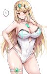  ... 1girl ass_visible_through_thighs averting_eyes bare_shoulders blonde_hair blush breasts cleavage closed_mouth commentary_request core_crystal_(xenoblade) covered_navel cutout_above_navel earrings hand_on_own_hip highleg highleg_swimsuit highres jewelry large_breasts long_hair mythra_(radiant_beach)_(xenoblade) mythra_(xenoblade) one-piece_swimsuit partial_commentary r-binon solo spoken_blush spoken_ellipsis star_(symbol) star_earrings strapless strapless_one-piece_swimsuit swept_bangs swimsuit thigh_strap tiara very_long_hair wet white_background white_one-piece_swimsuit xenoblade_chronicles_(series) xenoblade_chronicles_2 yellow_eyes 