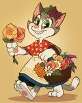 3_toes 4:5 4_fingers 87octane anthro biped claws daisy_(flower) dipstick_tail domestic_cat feet felid feline felis female fingers flower green_eyes hi_res mammal markings plant rose_(flower) smile solo tail tail_markings toes