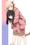  2girls arms_around_neck black_hair blonde_hair brown_shorts carrying closed_mouth commentary_request hair_ribbon hands_in_pockets highres hood hoodie hug hug_from_behind inoue_takina long_hair lycoris_recoil multiple_girls nishikigi_chisato oiun parted_lips piggyback pink_hoodie purple_eyes red_ribbon ribbon short_hair short_shorts shorts simple_background smile 