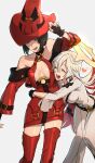  2girls bare_shoulders bell-bottoms black_hair bodysuit boots breasts choker cleavage compass_rose_halo fingerless_gloves gloves guilty_gear guilty_gear_xrd halo hat highres hitsuji_kusa hug i-no jack-o&#039;_valentine large_breasts long_hair mole mole_above_mouth multicolored_hair multiple_girls pants red_footwear red_headwear red_leather short_hair skull_belt smile thigh_boots too_many_belts two-tone_hair white_bodysuit white_hair witch_hat yuri 