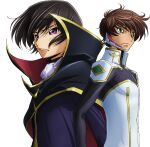  2boys arm_at_side artist_request ascot black_cape black_coat black_hair bodysuit brown_hair cape closed_mouth coat code_geass code_geass:_lost_stories earpiece game_cg gold_trim green_eyes high_collar kururugi_suzaku lelouch_vi_britannia long_sleeves looking_afar male_focus multiple_boys non-web_source official_art purple_eyes short_hair simple_background standing transparent_background two-sided_cape two-sided_fabric upper_body v-shaped_eyebrows white_ascot white_bodysuit 