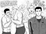  2boys abs ao_isami bara couple english_text expressionless facial_hair flower_(symbol) flying_sweatdrops from_side greyscale hand_on_another&#039;s_shoulder happy_aura highres holding_hands interlocked_fingers large_pectorals lewis_smith looking_to_the_side male_focus medium_sideburns monochrome multiple_boys muscular muscular_male nervous nipples pantabetae parody pectorals sideburns_stubble stubble thick_eyebrows thumbs_up topless_male yaoi yuuki_bakuhatsu_bang_bravern 