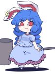  1girl :3 animal_ears blue_dress blue_hair blush_stickers closed_mouth dress earclip fried_rice0614 frilled_dress frills full_body highres holding kine long_hair mallet one-hour_drawing_challenge rabbit_ears red_eyes seiran_(touhou) short_sleeves simple_background smile socks solo touhou white_background white_socks 