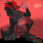 2022 anonymous_artz anthro artist_name azrael_(r3x) black_body black_fur canid claws digital_drawing_(artwork) digital_media_(artwork) fire fur fur_markings grey_body grey_fur hair hi_res horn karuthepwimmy looking_at_viewer machine male mammal markings maroon_clothing multicolored_body multicolored_fur particles protogen red_claws red_hair red_light screen screen_face shaded signature simple_background solo tail text waving_hand