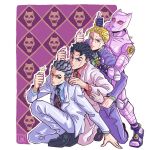  1other 3boys absurdres black_eyes black_footwear black_hair black_necktie blonde_hair blue_eyes blue_pants blue_shirt commentary diamond_wa_kudakenai highres jacket jojo_no_kimyou_na_bouken kawajiri_kosaku killer_queen kira_yoshikage long_sleeves looking_at_viewer multiple_boys multiple_persona necktie pants pjmetal_art purple_jacket red_shirt shirt shoes short_hair stand_(jojo) thumbs_up v-shaped_eyebrows white_jacket 