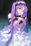  1girl bare_shoulders blush breasts dress echo_(circa) euryale_(fate) fate/grand_order fate/hollow_ataraxia fate_(series) food frilled_hairband frills fruit grin hairband long_hair looking_at_viewer parted_bangs purple_eyes purple_hair sidelocks small_breasts smile solo twintails very_long_hair white_dress 