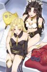  2girls absurdres armlet bare_shoulders bed black_hair blush breasts brushing_hair cloak dumuzid_(fate) earrings ereshkigal_(fate) fate/grand_order fate_(series) fuku_dan hair_ornament hair_ribbon hair_scrunchie highres hoop_earrings ishtar_(fate) jewelry long_hair medium_breasts multiple_girls navel on_bed open_mouth parted_bangs red_cloak red_eyes ribbon scrunchie single_thighhigh smile thighhighs thighs tiara two_side_up 