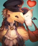  animal_focus aqua_background ascot bag bat_wings black_headwear blue_jacket brown_eyes chocobo closed_eyes commentary final_fantasy final_fantasy_xiv hat heart hug jacket mailbag moogle mugi_kosuta no_humans reins simple_background white_ascot wings 