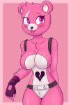 2024 absurd_res anthro bear belt big_breasts blush breasts clothing cuddle_team_leader digital_media_(artwork) dmoon epic_games eye_scar facial_scar female fortnite fur gloves handwear hi_res looking_at_viewer mammal pink_body pink_fur scar simple_background smile solo thick_thighs tongue tongue_out white_body white_fur