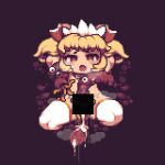  1girl absurdres bar_censor blonde_hair blush bow brown_background brown_eyes censored commentary_request cookie_(touhou) cum fang full_body hair_bow headdress highres m.u.g.e.n monster nikukabe_(mugen) open_mouth pixel_art red_bow restrained shiriri_saikyo short_hair solo sunny_milk tentacle_sex tentacles thighhighs tonchamon_san touhou two_side_up white_thighhighs 