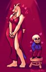 anthro bone boss_monster bovid caprine clothing dracozhilla dress duo female furniture hi_res humanoid larger_female male male/female mammal sans_(undertale) size_difference skeleton smaller_male stool suit toriel undertale undertale_(series)