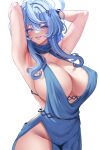  1girl absurdres ako_(blue_archive) ako_(dress)_(blue_archive) alternate_breast_size armpits arms_behind_head blue_archive blue_dress blue_eyes blue_hair blue_halo breasts cleavage commentary_request dress evening_gown hair_between_eyes halo highres huge_breasts karma3009 lips looking_at_viewer medium_hair official_alternate_costume presenting_armpit sideboob sideless_dress sideless_outfit simple_background sleeveless sleeveless_dress smile solo thighs white_background 