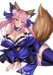  1girl absurdres animal_ear_fluff animal_ears bare_shoulders blue_bow blue_kimono blue_sleeves blue_thighhighs blush bow breasts brown_eyes brown_tail cela_f cleavage closed_mouth commentary_request detached_collar detached_sleeves fate/extra fate_(series) fox_ears fox_girl fox_tail hair_bow hands_on_ground head_tilt highres japanese_clothes kimono kitsune large_breasts long_hair looking_at_viewer lying on_side pink_hair simple_background smile solo tail tamamo_(fate) tamamo_no_mae_(fate/extra) thighhighs white_background 