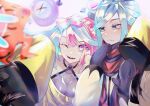  1boy 1girl arm_around_shoulder blue_gloves blue_hair breasts character_hair_ornament gloves grusha_(pokemon) hair_ornament heart highres iono_(pokemon) multicolored_hair ni_(7no8210mare) one_eye_closed phone pink_eyes pink_hair pokemon pokemon_sv rotom rotom_phone scarf selfie sleeves_past_fingers sleeves_past_wrists two-tone_hair 