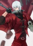  1boy bishounen blue_eyes coat dante_(devil_may_cry) devil_may_cry_(anime) devil_may_cry_(series) ebony_&amp;_ivory facial_hair gloves gun gun_in_mouth hair_between_eyes highres holding holding_gun holding_weapon looking_at_viewer male_focus minooxxis open_mouth rebellion_(sword) red_coat solo stepping stubble weapon white_hair 