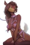  anthro brown_body brown_breasts brown_hair brown_nose cervid collar female glistening glistening_eyes hair harness hi_res kneeling long_hair looking_up mammal nipple_tape orange_eyes pasties pink_collar pink_harness shermugi simple_background solo tape teeth unsigned white_background 