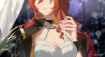  1girl absurdres black_choker black_coat breasts choker cleavage coat commentary_request dress hand_up highres himeko_(honkai:_star_rail) holding honkai:_star_rail honkai_(series) large_breasts long_hair manboygxg nail_polish red_hair red_nails smile solo upper_body very_long_hair white_dress wrist_cuffs 