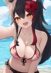  1girl absurdres akuame_(ring3922) animal_ear_fluff animal_ears beach black_hair blush breasts cloud flower hair_flower hair_ornament highres hololive large_breasts long_hair looking_at_viewer ocean ookami_mio open_mouth outdoors red_hair solo swimsuit virtual_youtuber waves wet wolf_ears wolf_girl yellow_eyes 