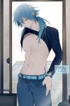  1boy abs belt biting biting_clothes black_shirt blue_belt blue_hair blue_pants camera clothes_in_mouth denim dramatical_murder hand_in_pocket highres ikaremanju jeans long_hair long_sleeves male_focus mouth_hold pants seragaki_aoba shirt shirt_in_mouth solo yellow_eyes 