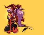 5:4 87octane anthro biped clothed clothing demon eyebrows female fingers fur hair horn loulou_(87octane) open_mouth open_smile purple_hair red_body red_fur simple_background smile solo tail wings yellow_background