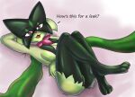  anthro big_breasts breasts butt dialogue digital_media_(artwork) female fur genitals green_body green_fur looking_at_viewer lying meowscarada nintendo nude on_back pokemon pokemon_(species) pussy red_eyes simple_background smile soapthefox solo thick_thighs video_games 