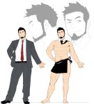  1boy abs apron bara belt biceps black_apron black_belt black_hair facial_hair goatee grey_pants itto_(mentaiko) looking_at_viewer looking_to_the_side male_focus muscular muscular_male naked_apron original pants pectorals raised_eyebrow red_tie sketch smile suit thick_eyebrows thighs 