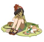  1girl =_(9_yawbus) black_hair dappled_sunlight faux_figurine grass green_shorts grey_eyes head_rest highres knees_up laces multicolored_footwear on_grass pokemon pokemon_(creature) red_headwear rowlet selene_(pokemon) shoes short_hair short_sleeves shorts simple_background sitting sneakers sunlight three_quarter_view white_background z-ring 
