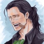  1boy arisue_kanako ascot black_hair cigar close-up collared_shirt commentary_request crocodile_(one_piece) green_ascot looking_at_viewer male_focus one_piece ponytail shirt simple_background solo stitched_face stitches yellow_eyes 
