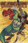 3_toes 5_fingers 87octane ambiguous_gender biped claws dinosaur feet feral fingers green_body guitar hi_res musical_instrument open_mouth playing_guitar playing_music plucked_string_instrument reptile scalie sharp_teeth solo string_instrument tail teeth theropod toes tongue tongue_out
