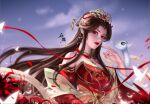  1girl absurdres brown_hair bug butterfly cai_lin_(doupo_cangqiong) cloud detached_sleeves doupo_cangqiong dress earrings fireflies from_side glowing_butterfly hair_ornament hand_up highres hy_lai_yue jewelry long_hair night night_sky red_dress red_nails red_spider_lily second-party_source sky snake solo 