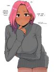  1girl ? dark-skinned_female dark_skin dress english_text long_sleeves looking_at_viewer ohasi original pink_(ohasi) pink_hair ribbed_sweater short_hair simple_background solo sweat sweater turtleneck turtleneck_sweater white_background 