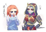  2girls android apex_legends ash_(titanfall_2) ashleigh_reid blue_eyes blue_jacket blush breast_envy breasts colored_sclera gloves grey_sclera highres hood hood_up horned_hood horns inner_demon_ash jacket mask medium_breasts multiple_girls obi official_alternate_costume open_mouth red_eyes red_jacket sacchan_(sacchan_18) sash simulacrum_(titanfall) small_breasts translation_request v-shaped_eyebrows white_gloves 