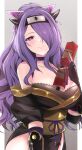  1girl bangs bare_shoulders blush breasts camilla_(fire_emblem) choker cleavage collarbone fingerless_gloves fire_emblem fire_emblem_fates fire_emblem_heroes fishnet_top fishnets flower gloves hair_over_one_eye highres holding holding_scroll komurice large_breasts long_hair ninja official_alternate_costume ponytail purple_eyes purple_gloves purple_hair red_flower red_rose rose scroll shuriken_hair_ornament sidelocks smile solo thighs wavy_hair 