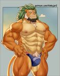  1boy abs animal_ears arsalan_(housamo) bara beard blue_male_swimwear breath bulge claws english_commentary facial_hair furry furry_male hands_on_own_hips highres lhjal2 lion_boy lion_ears lion_mane lion_tail looking_down male_focus male_swimwear muscular muscular_male nipples patreon_username pectorals pubic_hair red_eyes smile solo tail thick_eyebrows tokyo_afterschool_summoners topless_male 