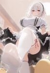  1girl absurdres akagi_(user_khgu7328) apron azur_lane black_dress black_hairband blurry blurry_background blush breasts closed_mouth clothes_lift commentary_request dress dress_lift feet foot_focus foot_out_of_frame foreshortening frilled_apron frilled_dress frills from_below frown hair_between_eyes hairband highres indoors lace-trimmed_hairband lace_trim large_breasts lifted_by_self looking_at_viewer looking_down maid maid_apron manjuu_(azur_lane) no_shoes panties puffy_short_sleeves puffy_sleeves red_eyes short_hair short_sleeves sirius_(azur_lane) soles solo standing standing_on_one_leg thighhighs toes underwear white_apron white_hair white_panties white_thighhighs 