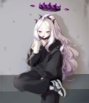  1girl black_hoodie black_horns black_mask black_pants blue_archive blush demon_horns drink drinking drinking_straw drinking_straw_in_mouth foot_out_of_frame halo highres hina_(blue_archive) holding holding_drink hood hood_down hoodie horns long_hair mask mouth_mask multiple_horns pants parted_bangs purple_eyes shoes solo surgical_mask uz_(uzru0428) very_long_hair white_footwear white_hair 